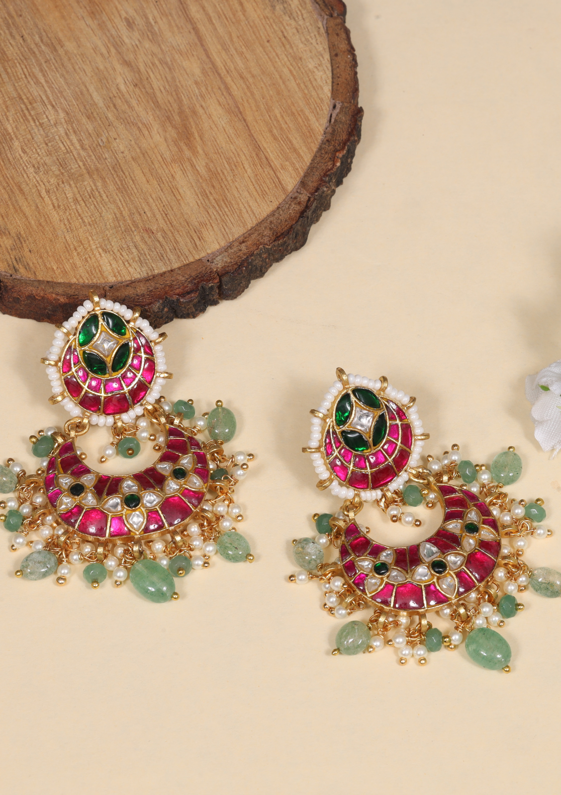 Dashing Designer Jadau Kundan Chandbali Earrings with Pearl and Green Beads Hangings
