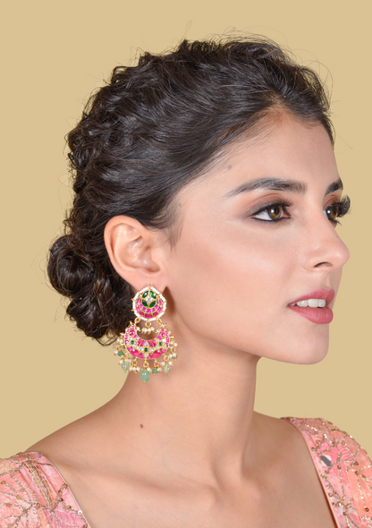 Dashing Designer Jadau Kundan Chandbali Earrings with Pearl and Green Beads Hangings