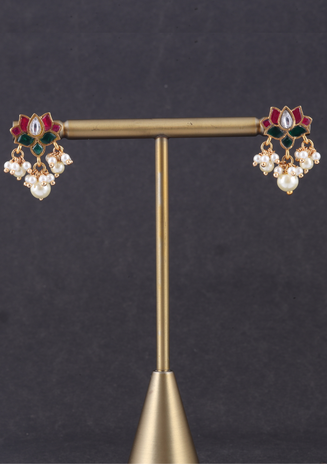 Gorgeous Lotus Jadau Kundan Stud Earrings with Pearl Beads Hangings