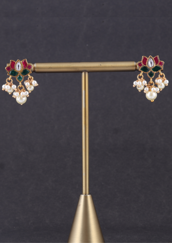 Gorgeous Lotus Jadau Kundan Stud Earrings with Pearl Beads Hangings