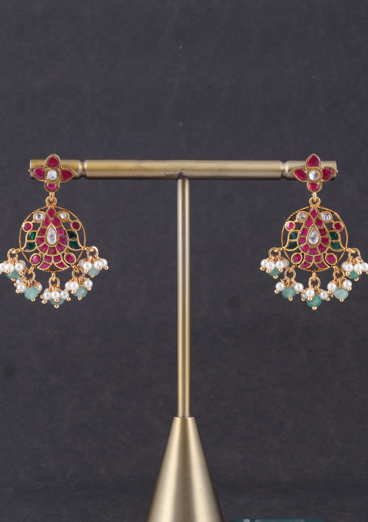 Aesthetic Designer Jadau Kundan Earrings with Pearl and Green Beads Hangings