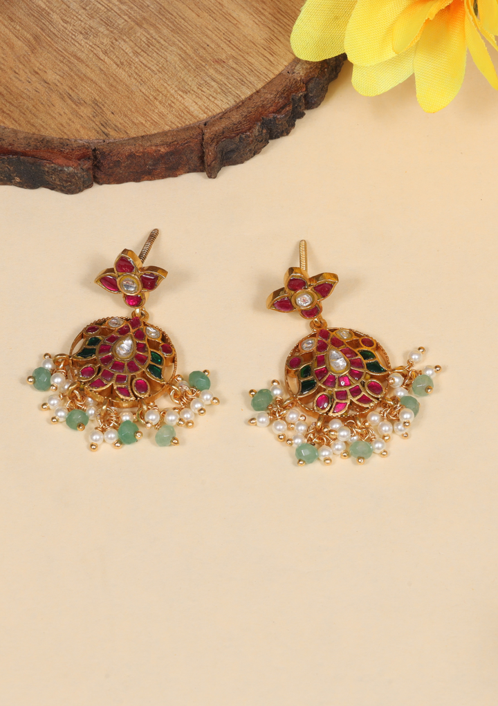 Aesthetic Designer Jadau Kundan Earrings with Pearl and Green Beads Hangings