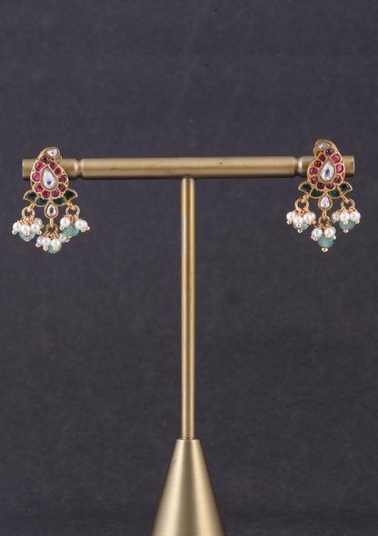 Cute Little Designer Jadau Kundan Mango Stud with Pearl and Green Beads Hanging Earrings
