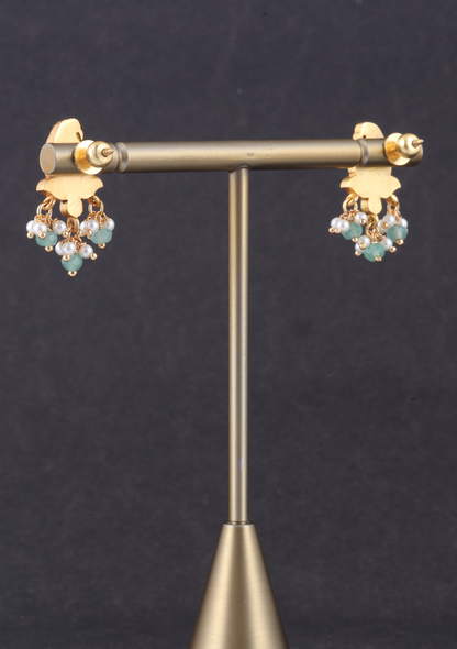 Cute Little Designer Jadau Kundan Mango Stud with Pearl and Green Beads Hanging Earrings