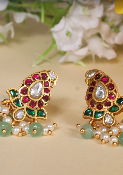 Cute Little Designer Jadau Kundan Mango Stud with Pearl and Green Beads Hanging Earrings