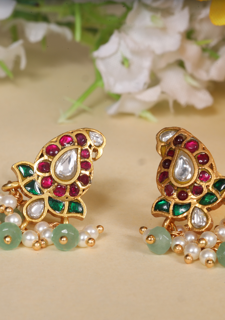 Cute Little Designer Jadau Kundan Mango Stud with Pearl and Green Beads Hanging Earrings