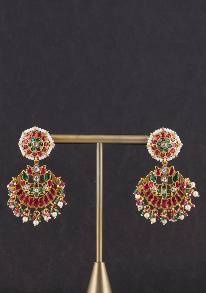 Elegant Floral Jadau Kundan Chandbali Earrings with Pearls and  Beads Hangings