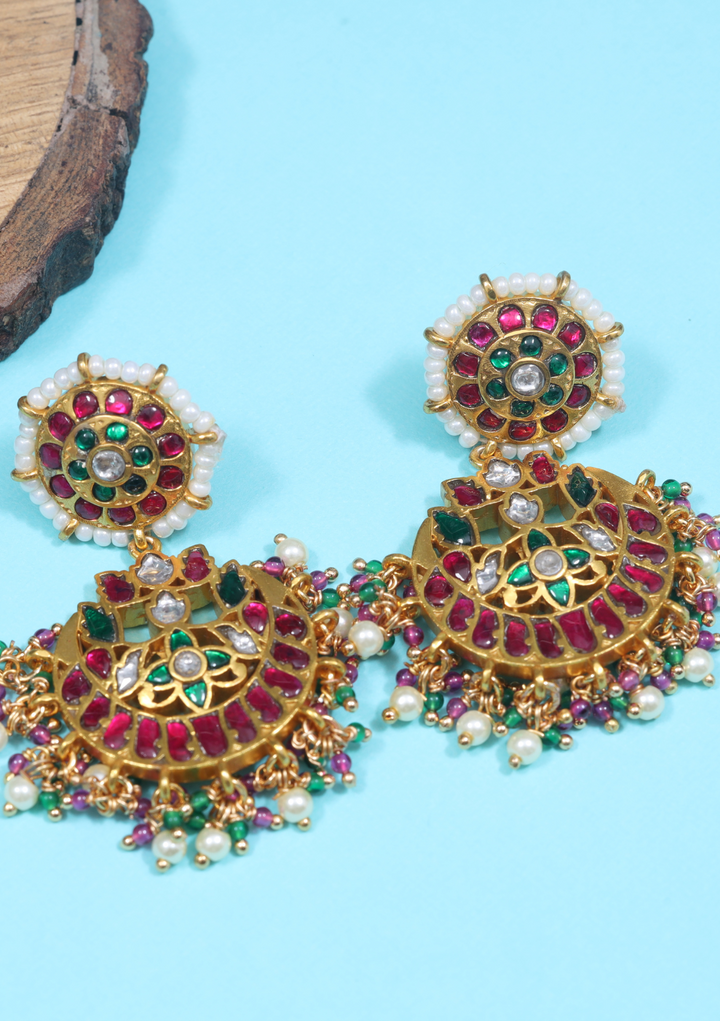 Elegant Floral Jadau Kundan Chandbali Earrings with Pearls and  Beads Hangings