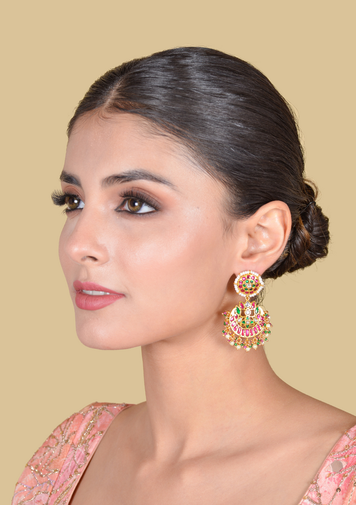 Elegant Floral Jadau Kundan Chandbali Earrings with Pearls and  Beads Hangings