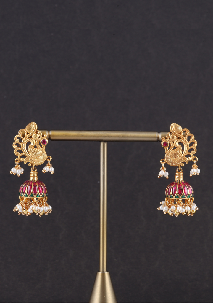 Traditional Peacock Jadau Kundan  Jhumka Earrings with Hanging Pearls
