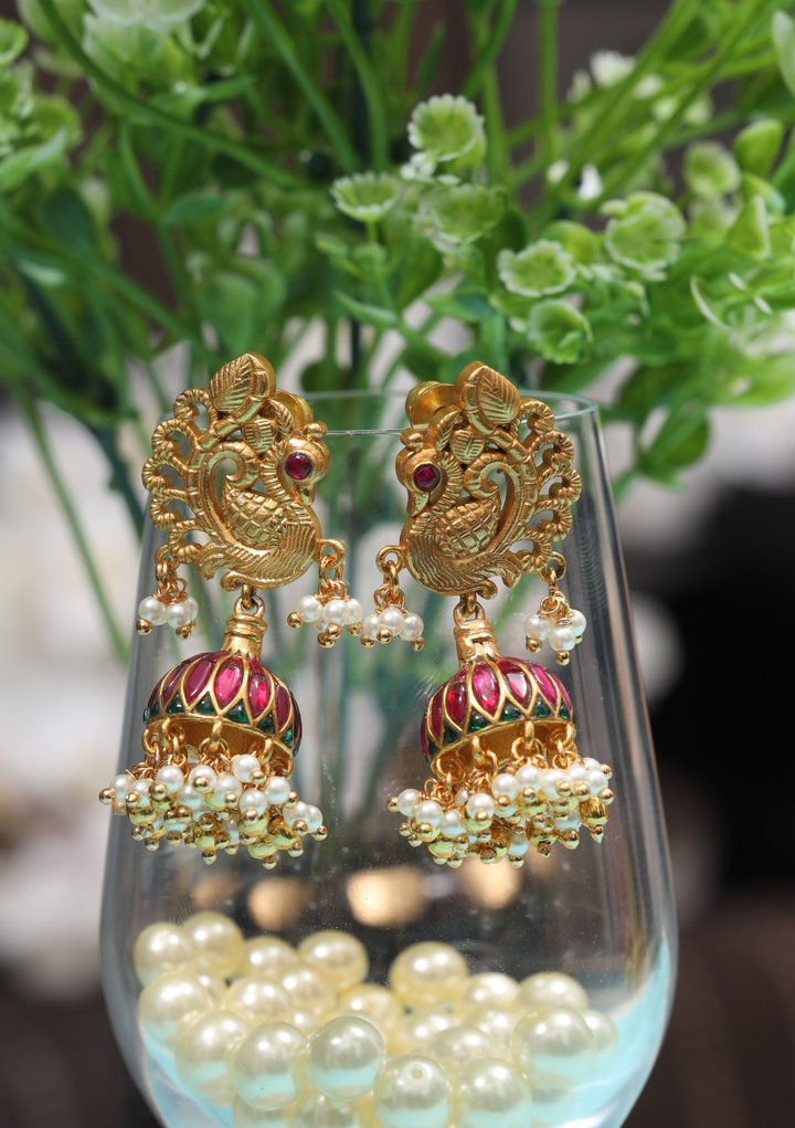 Traditional Peacock Jadau Kundan  Jhumka Earrings with Hanging Pearls