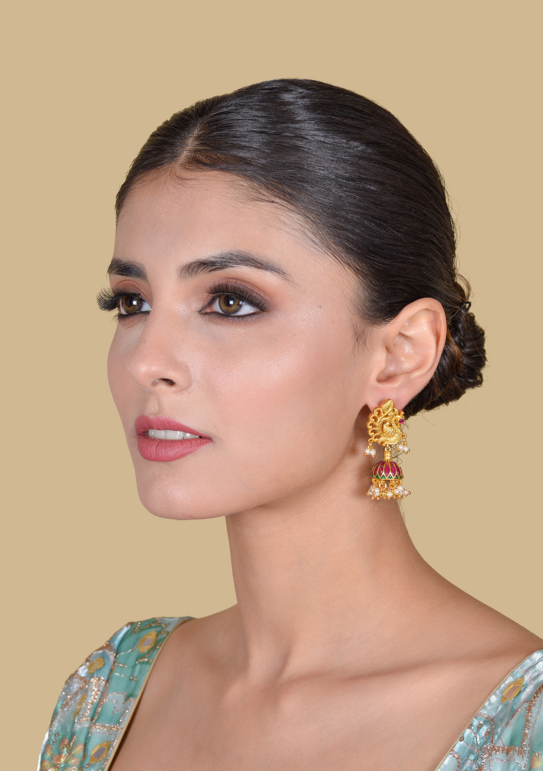 Traditional Peacock Jadau Kundan  Jhumka Earrings with Hanging Pearls