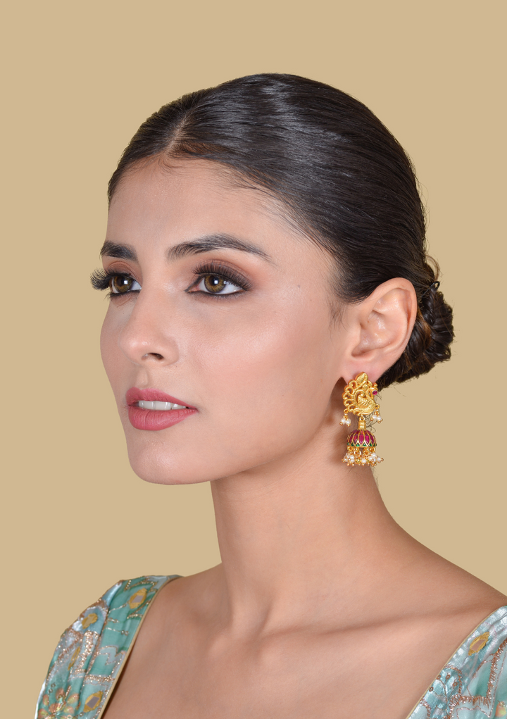 Traditional Peacock Jadau Kundan  Jhumka Earrings with Hanging Pearls