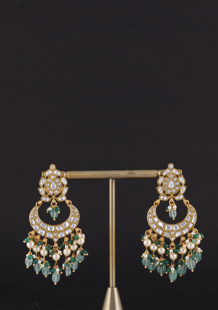 Vibhusha White Jadau Kundan Chandbali Earring with Emerald Hangings