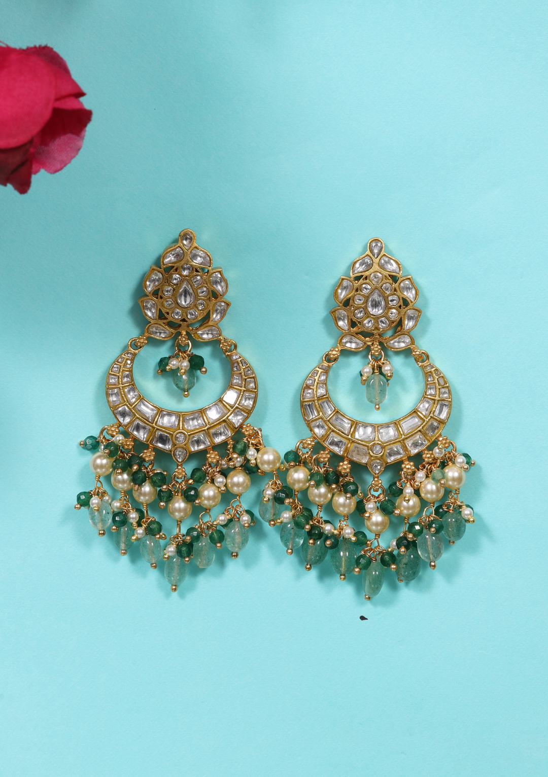 Vibhusha White Jadau Kundan Chandbali Earring with Emerald Hangings