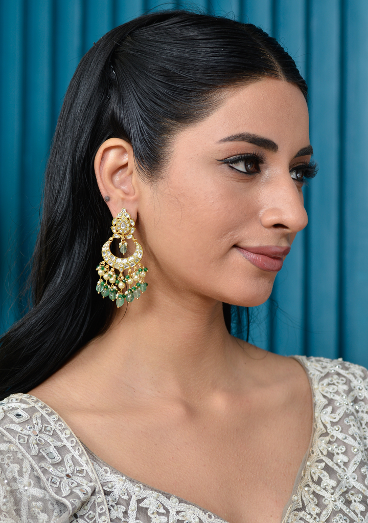 Vibhusha White Jadau Kundan Chandbali Earring with Emerald Hangings