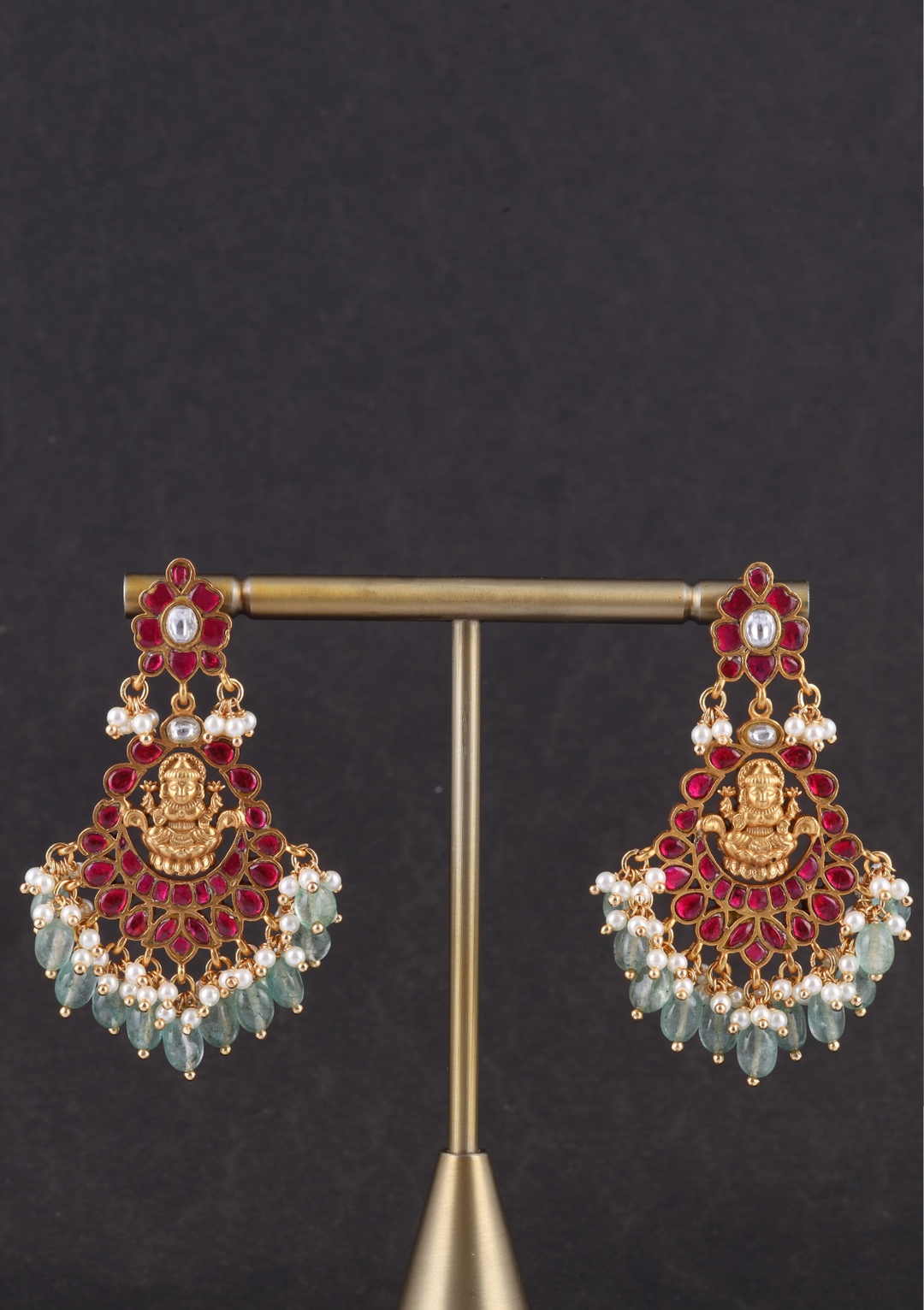 Lakshmi Motif Real Jadau Kundan Chandbali Earrings with Green Emerals Beads Hangings