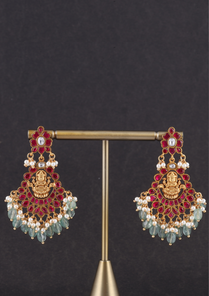 Lakshmi Motif Real Jadau Kundan Chandbali Earrings with Green Emerals Beads Hangings