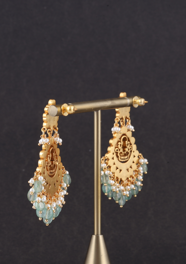 Lakshmi Motif Real Jadau Kundan Chandbali Earrings with Green Emerals Beads Hangings