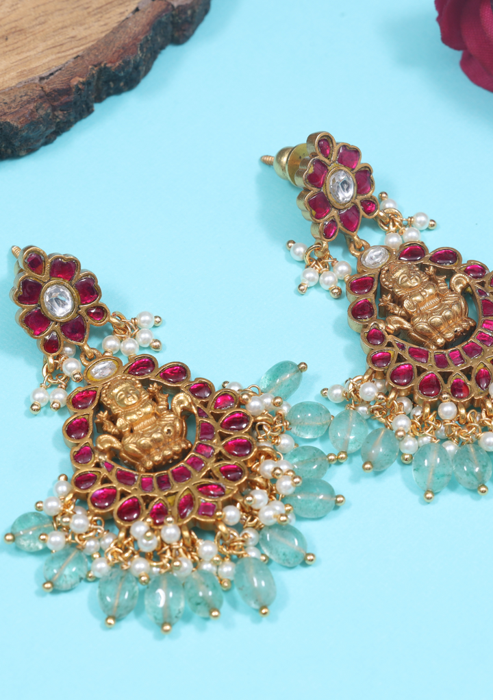 Lakshmi Motif Real Jadau Kundan Chandbali Earrings with Green Emerals Beads Hangings