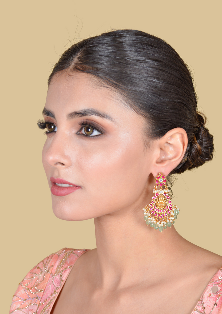 Lakshmi Motif Real Jadau Kundan Chandbali Earrings with Green Emerals Beads Hangings
