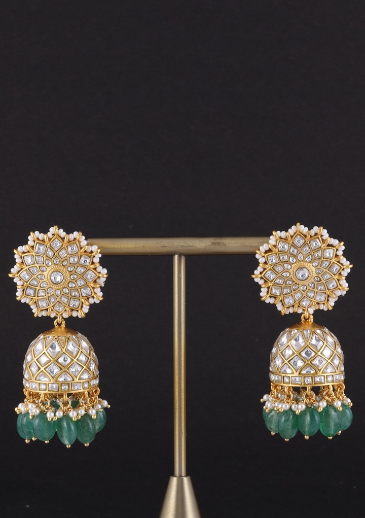 Chetna White Jadau Kundan Jhumka Earring with Emerald Hangings