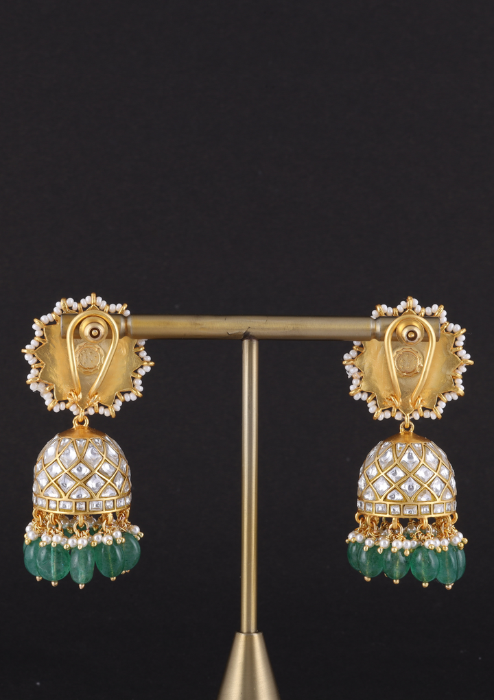 Chetna White Jadau Kundan Jhumka Earring with Emerald Hangings