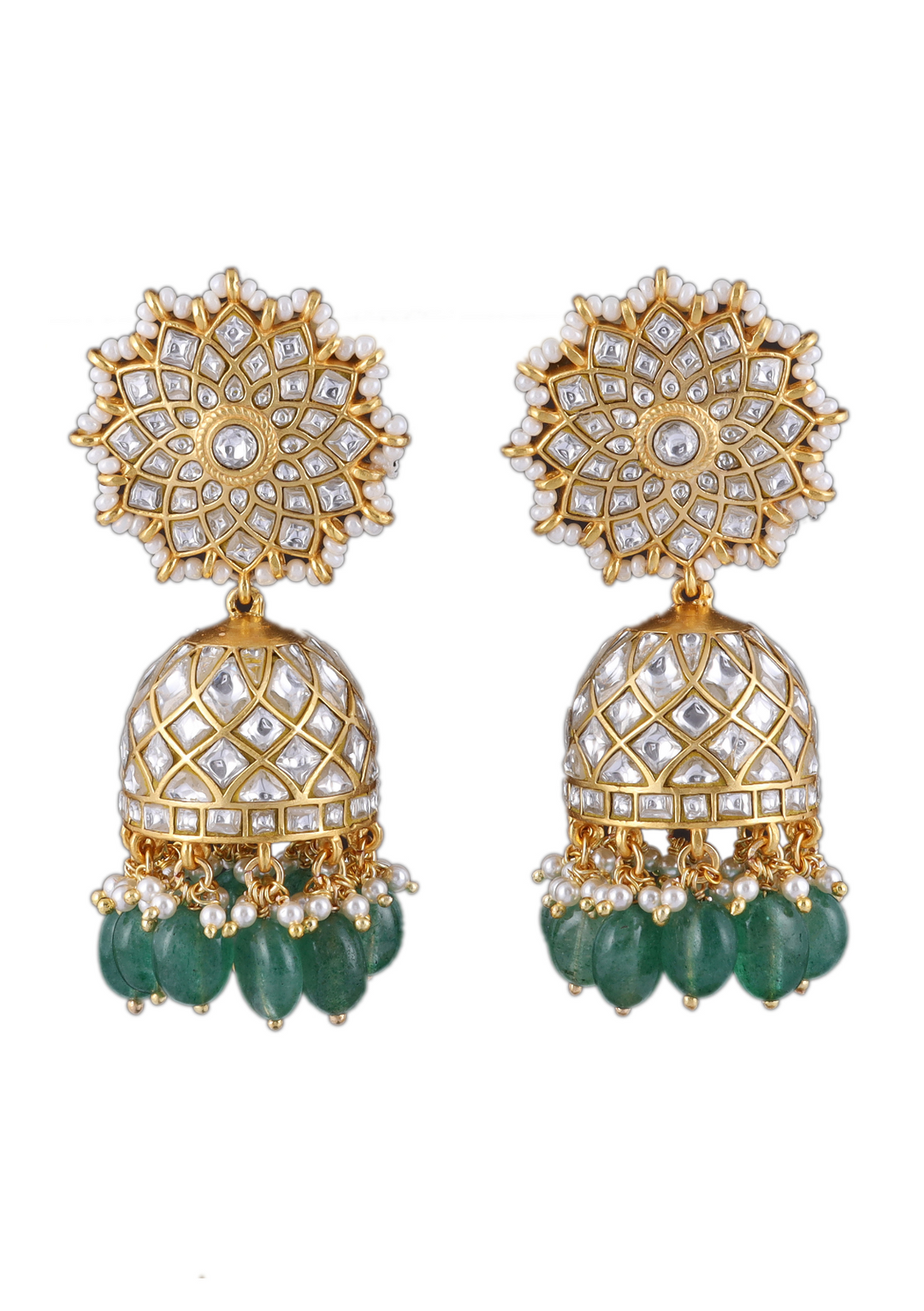 Chetna White Jadau Kundan Jhumka Earring with Emerald Hangings