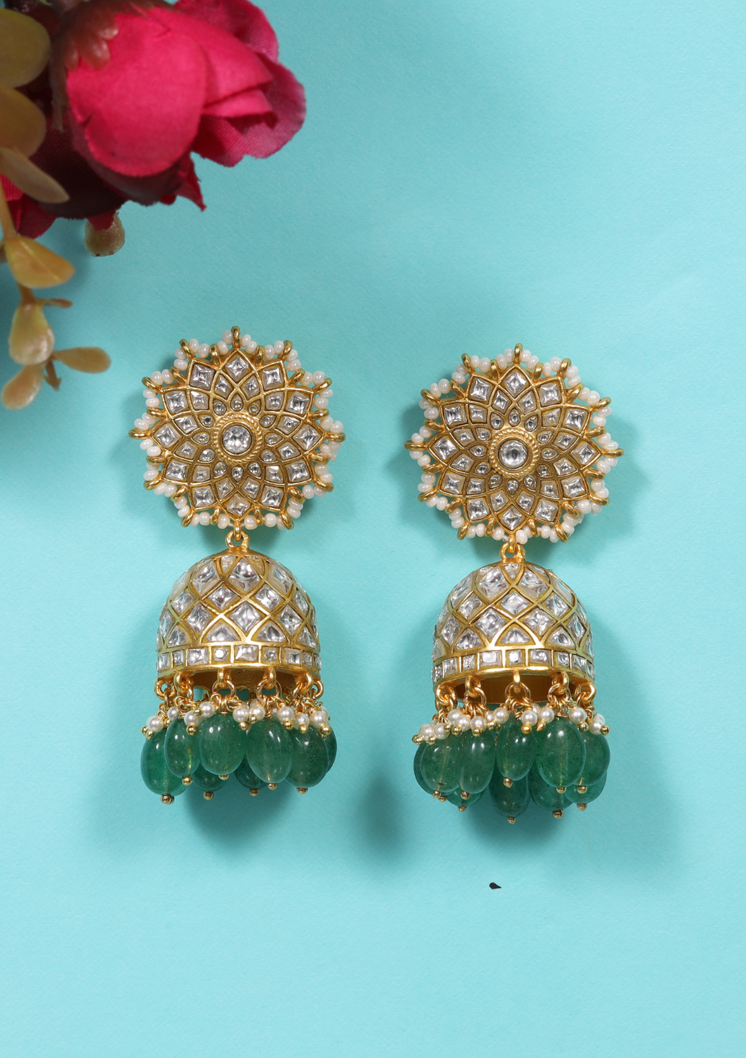 Chetna White Jadau Kundan Jhumka Earring with Emerald Hangings