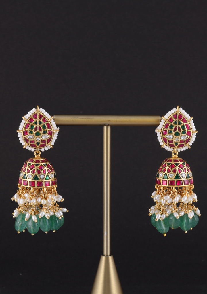 Garvita Jadau Kundan Designer Jhumka Earring With Emerald Hangings