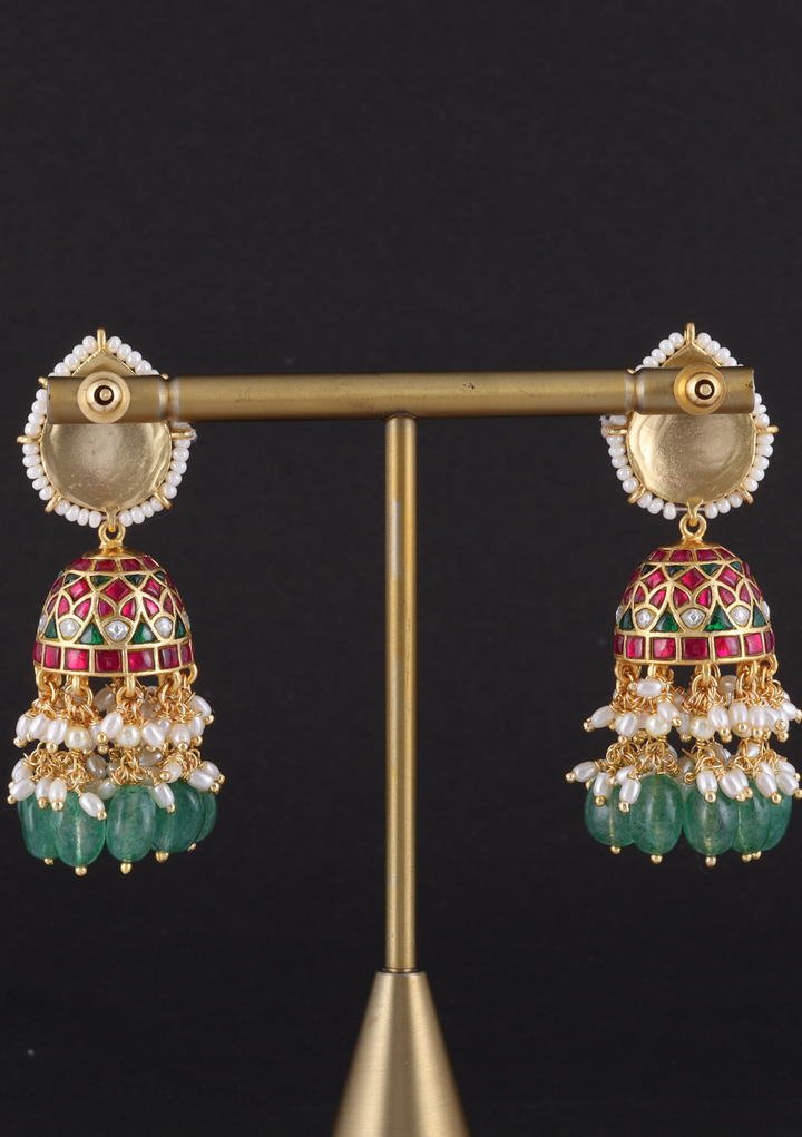 Garvita Jadau Kundan Designer Jhumka Earring With Emerald Hangings