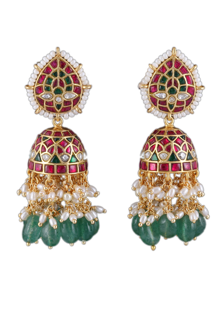 Garvita Jadau Kundan Designer Jhumka Earring With Emerald Hangings