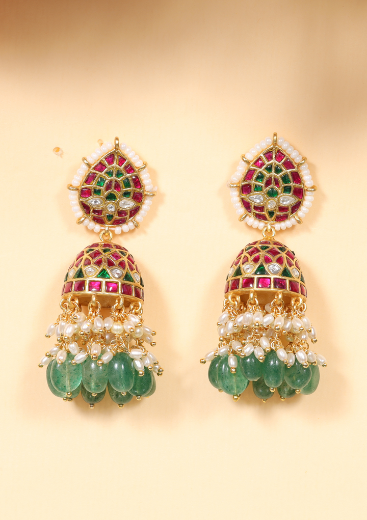 Garvita Jadau Kundan Designer Jhumka Earring With Emerald Hangings
