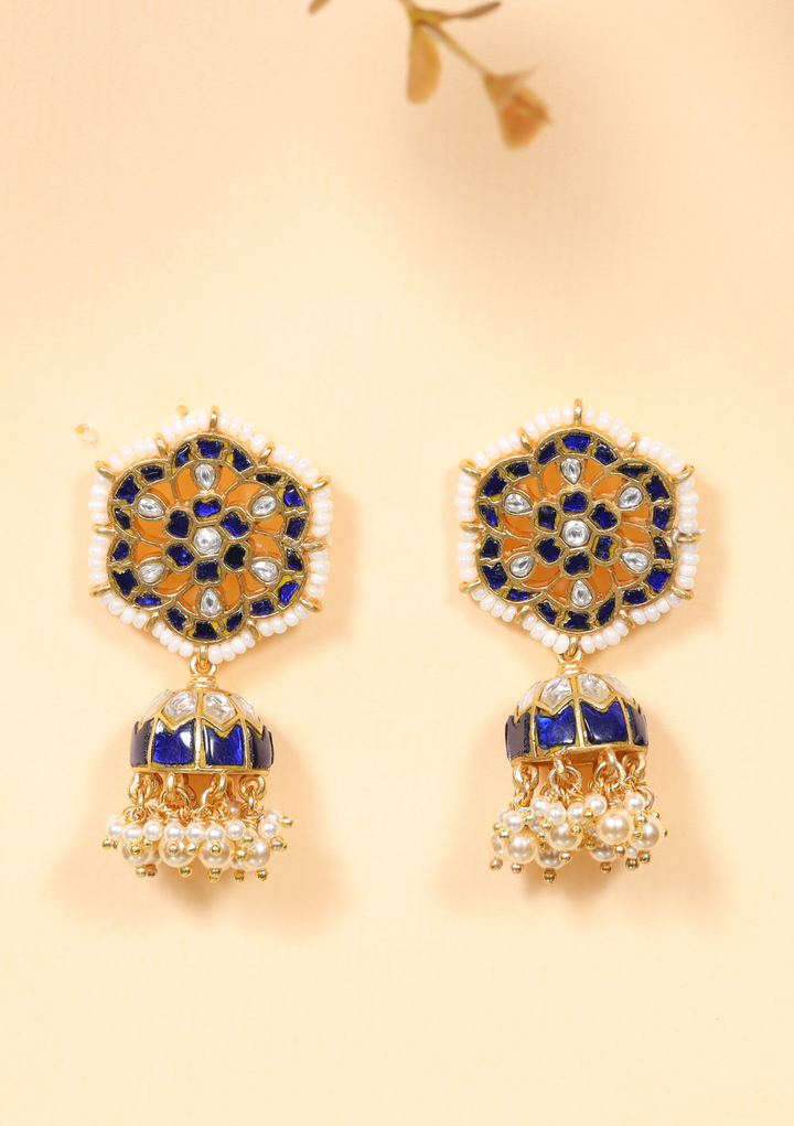 Ridhima White And Blue Jadau Kundan Jhumka Earring