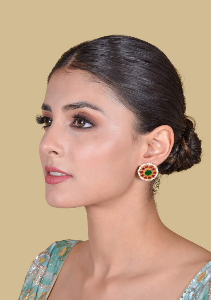 Floral Round Jadau Kundan Stud Earrings