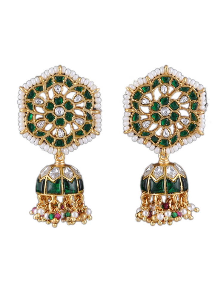 Yatika White And Green Jadau Kundan Jhumka Earring