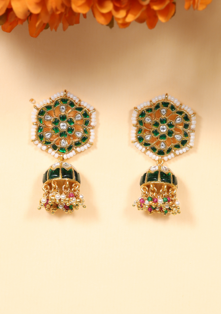 Yatika White And Green Jadau Kundan Jhumka Earring