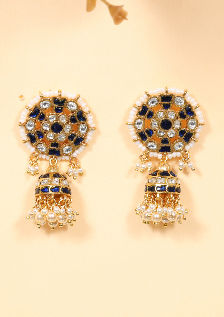 Aaradhya White And Blue Jadau Kundan Jhumka Earring