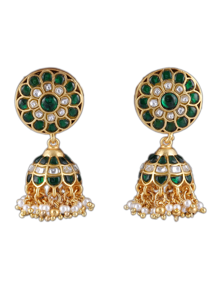 Chandrika White And Green Jadau Kundan Jhumka Earring