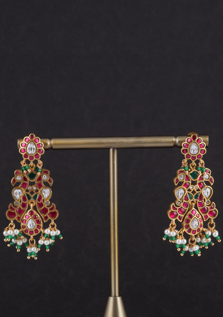 Bridal Classic Peacock Real Jadau Kundan Earrings with Pearls and Beads Hangings
