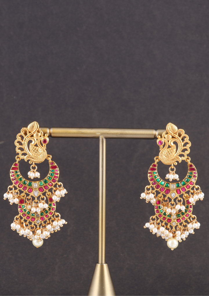 Real Jadau Kundan Double Chandbali Earrings with Peacock Motif