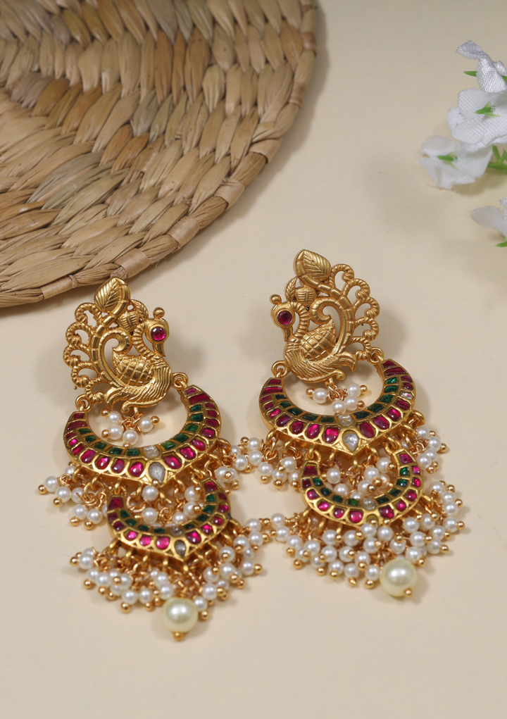 Real Jadau Kundan Double Chandbali Earrings with Peacock Motif