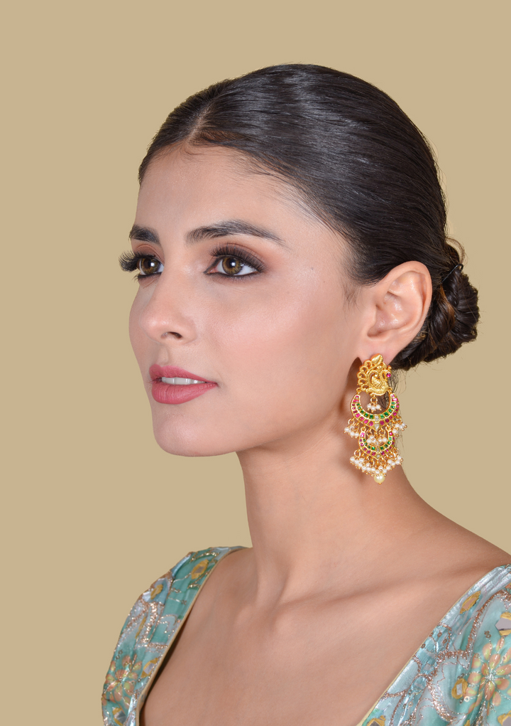 Real Jadau Kundan Double Chandbali Earrings with Peacock Motif