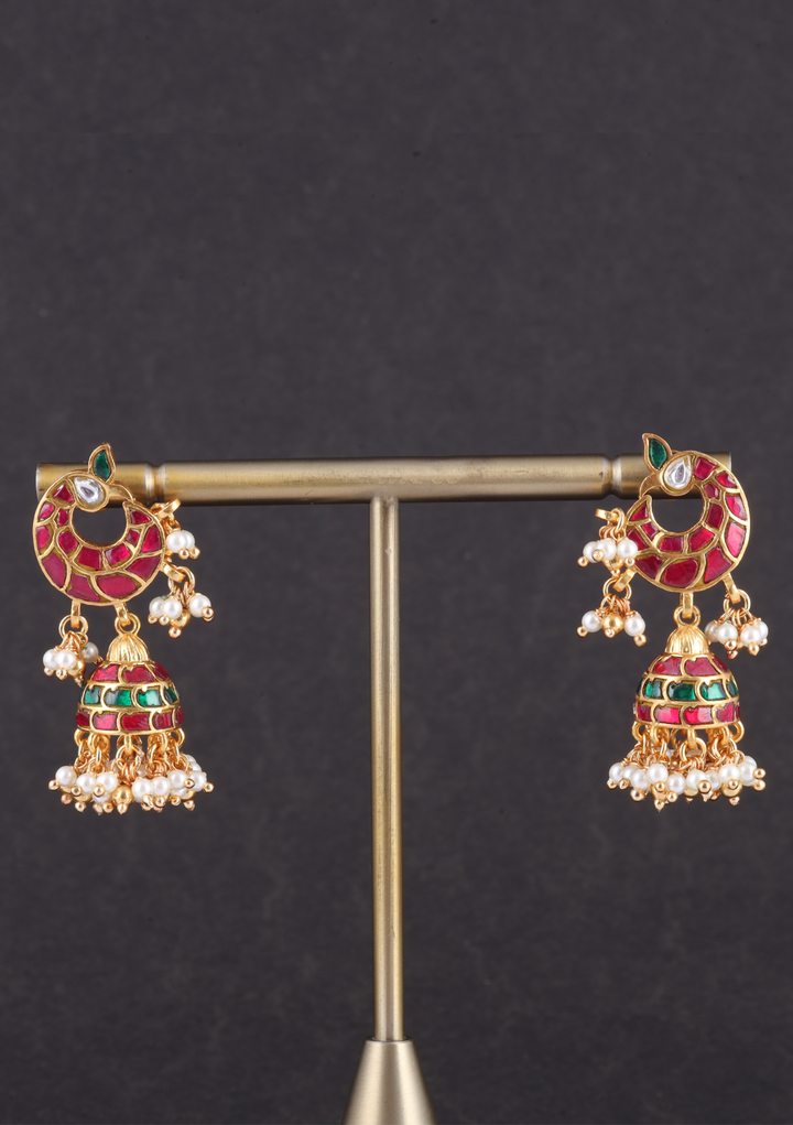 Real Jadau Kundan Work Peacock Jhumka Earrings with Pearls