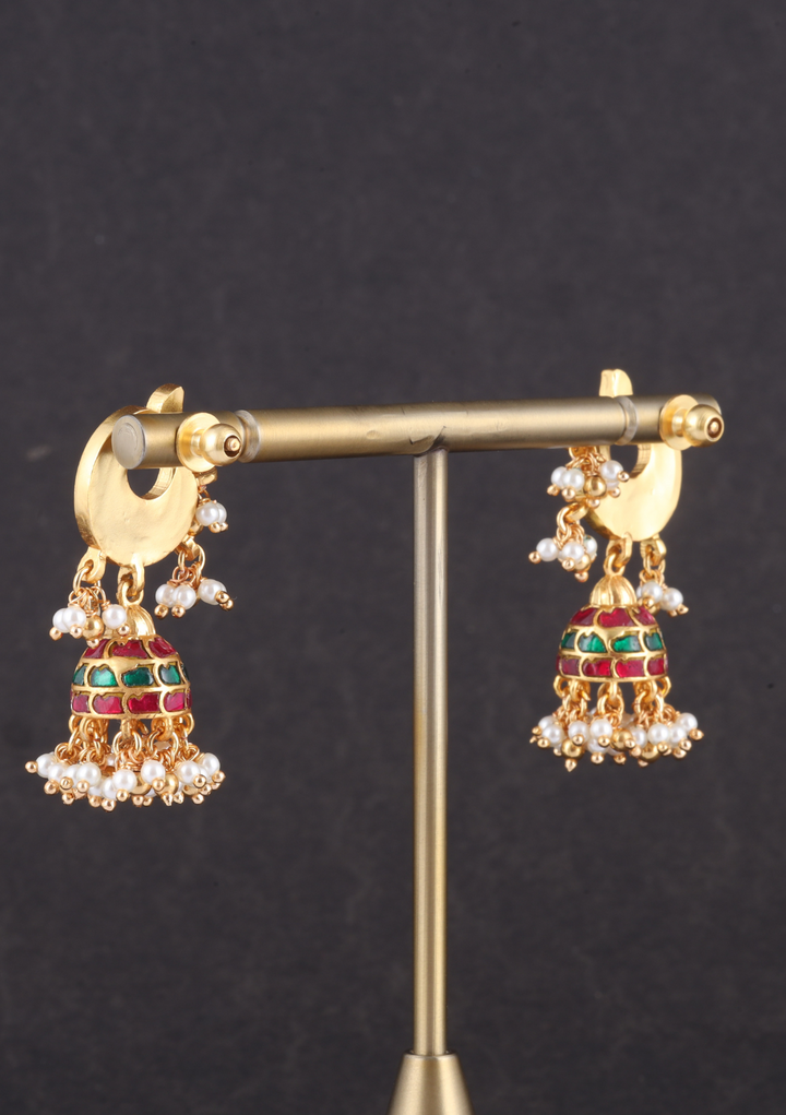 Real Jadau Kundan Work Peacock Jhumka Earrings with Pearls