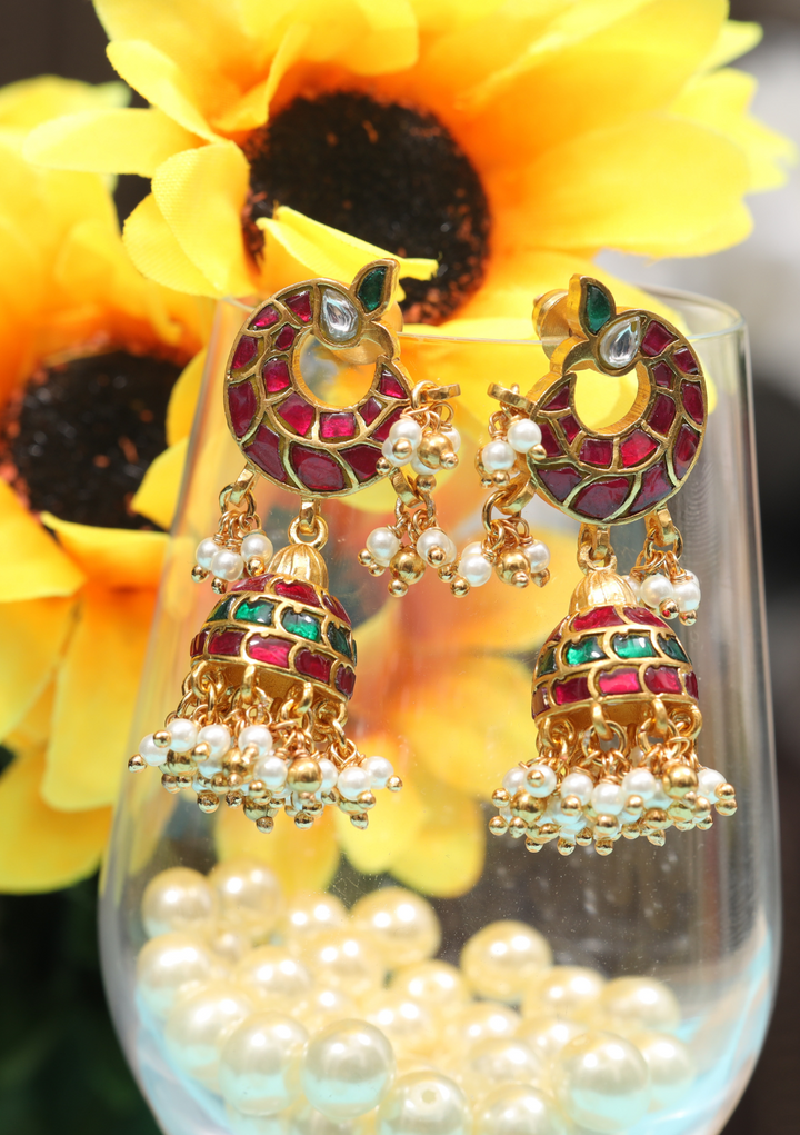 Real Jadau Kundan Work Peacock Jhumka Earrings with Pearls