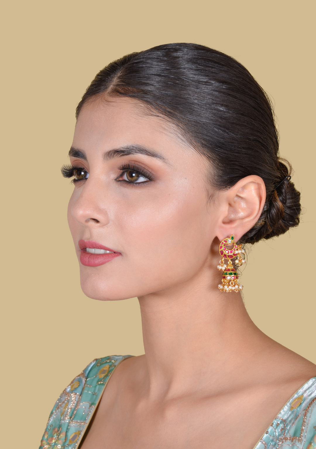 Real Jadau Kundan Work Peacock Jhumka Earrings with Pearls
