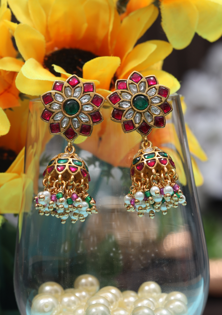Elegant Floral Jadau Kundan Jhumka Earrings with Pearls and Beads