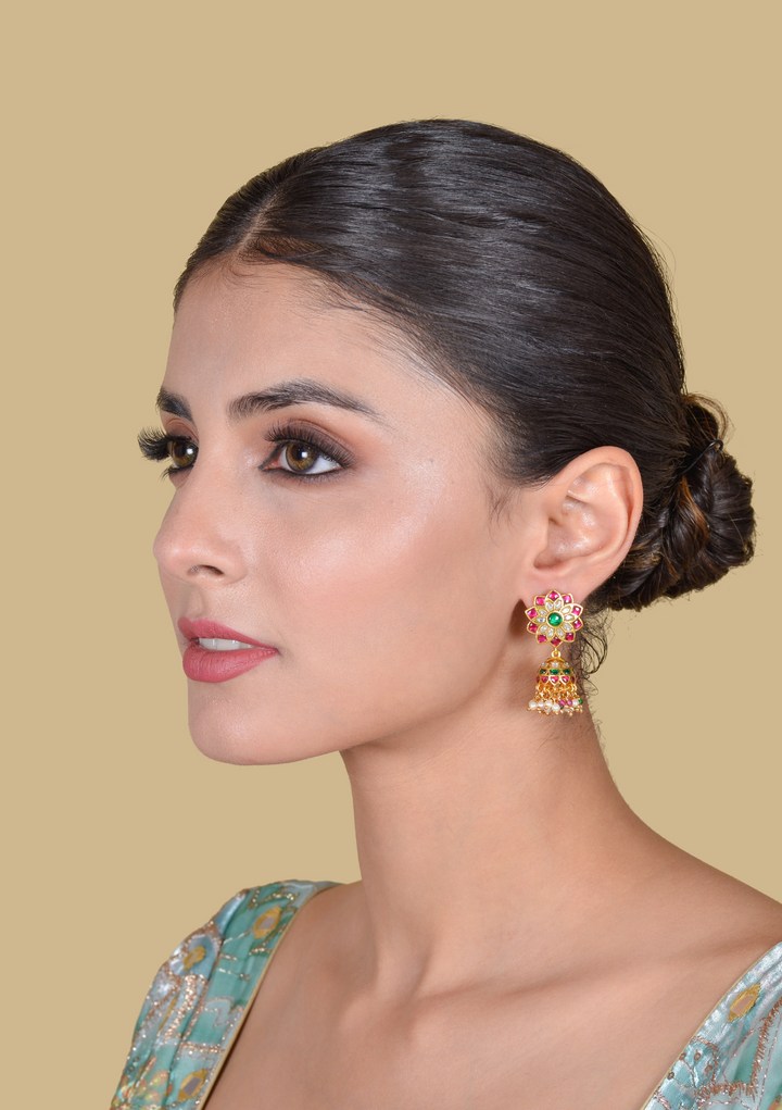 Elegant Floral Jadau Kundan Jhumka Earrings with Pearls and Beads