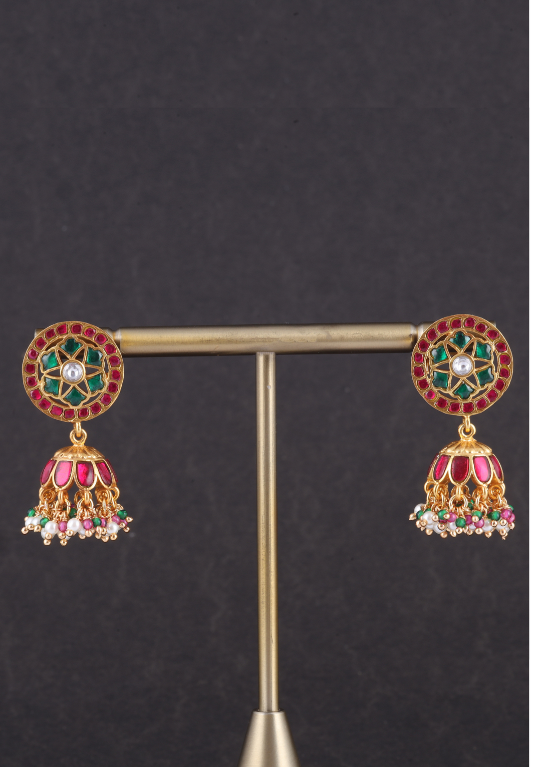 Classic Floral Pattern Jadau Kundan Jhumka Earrings with Pearl, Red and Green Beads Hangings